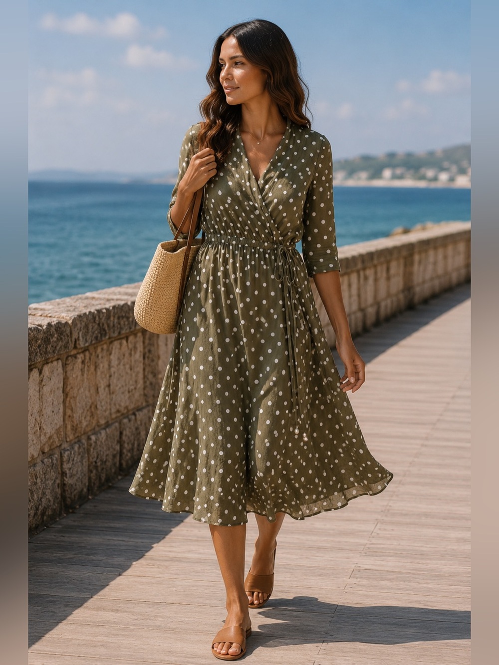 100% Silk Polka Dot Wrap Dress Midi Olive Green XL Luxury Summer Essentials